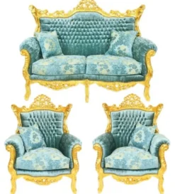 Casa Padrino Barock Wohnzimmer Set Master Türkis-Blau Muster Samtstoff / Gold - 2er Sofa + 2 Sessel