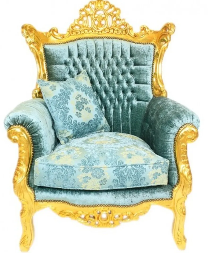 Casa Padrino Barock Wohnzimmer Set Master Türkis-Blau Muster Samtstoff / Gold - 2er Sofa + 2 Sessel