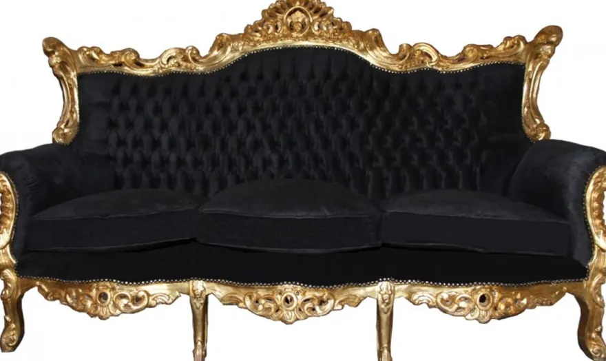 Casa Padrino Barock Wohnzimmer Set Master im Antik Stil, Schwarz und Gold, 3-er Sofa und 2 Sessel