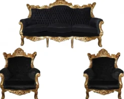 Casa Padrino Barock Wohnzimmer Set Master im Antik Stil, Schwarz und Gold, 3-er Sofa und 2 Sessel