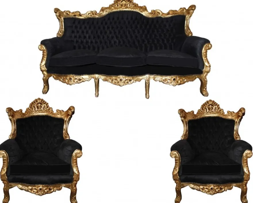 Casa Padrino Barock Wohnzimmer Set Master im Antik Stil, Schwarz und Gold, 3-er Sofa und 2 Sessel