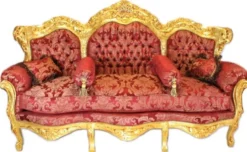 Casa Padrino Barock Wohnzimmer Set Bouquet Muster Bordeaux / Gold - 3er Sofa + 2 Sessel (200x80x130cm)