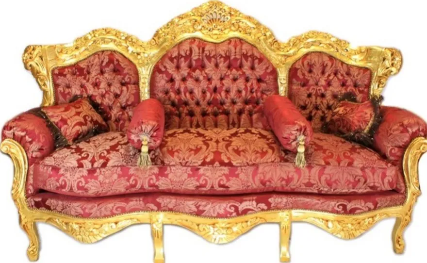 Casa Padrino Barock Wohnzimmer Set Bouquet Muster Bordeaux / Gold - 3er Sofa + 2 Sessel (200x80x130cm)
