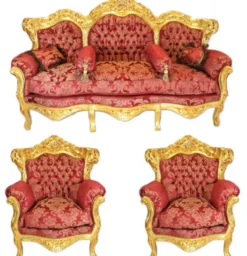 Casa Padrino Barock Wohnzimmer Set Bouquet Muster Bordeaux / Gold - 3er Sofa + 2 Sessel (200x80x130cm)