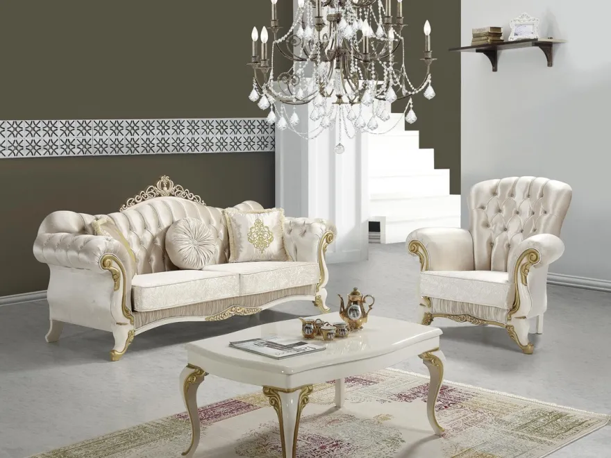 Casa Padrino Barock Wohnzimmer Sofa mit Glitzersteinen Champagnerfarben / Creme / Gold 224 x 83 x H. 112 cm - Wohnzimmer Möbel - Edel & Prunkvoll
