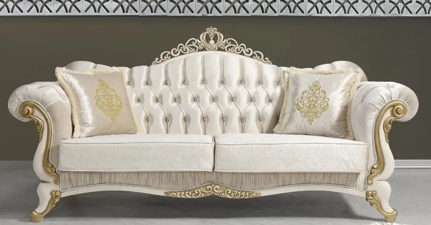 Casa Padrino Barock Wohnzimmer Sofa mit Glitzersteinen Champagnerfarben / Creme / Gold 224 x 83 x H. 112 cm - Wohnzimmer Möbel - Edel & Prunkvoll