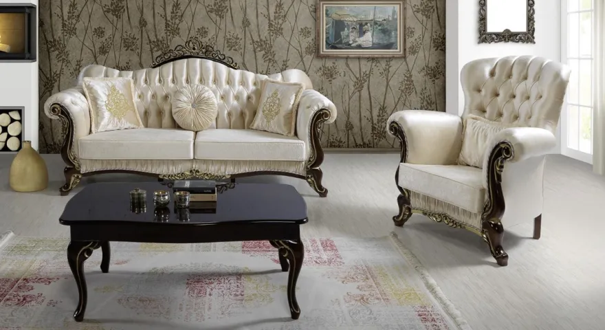 Casa Padrino Barock Wohnzimmer Set Champagnerfarben / Schwarz / Gold - 2 Sofas & 2 Sessel & 1 Couchtisch - Wohnzimmer Möbel - Edel & Prunkvoll