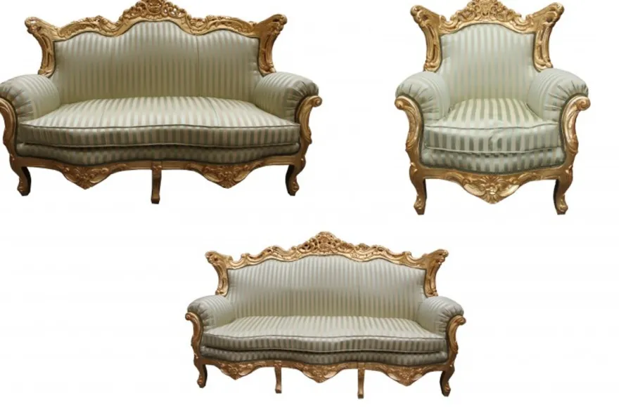 Casa Padrino Barock Wohnzimmer Set Jadegrün / Gold - 3er Sofa, 2er Sofa und Sessel - Masse: 210/182/85 cm
