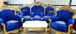 Casa Padrino Barock Wohnzimmer Set Blau Muster / Gold - 1 Barock Sofa & 2 Barock Sessel - Wohnzimmer Möbel im Barockstil - Barock Möbel - Barock Wohnzimmer Einrichtung