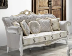 Casa Padrino Barock Wohnzimmer Set Hellgrün / Hellgrau / Weiß / Gold - 2 Sofas & 2 Sessel & 1 Couchtisch - Wohnzimmer Möbel im Barockstil