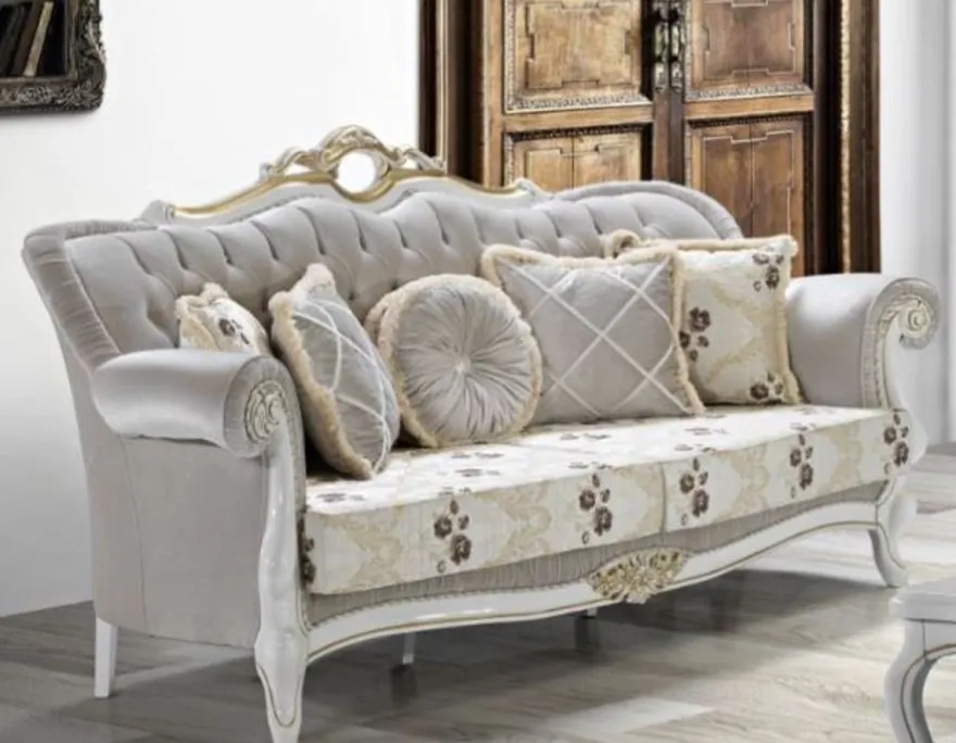 Casa Padrino Barock Wohnzimmer Set Hellgrün / Hellgrau / Weiß / Gold - 2 Sofas & 2 Sessel & 1 Couchtisch - Wohnzimmer Möbel im Barockstil