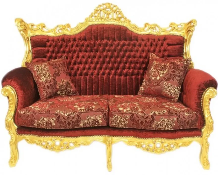 Casa Padrino Barock Wohnzimmer Set Master im edlen Bordeaux Muster Samtstoff und Gold - 2er Sofa und 2 Sessel - Masse: 158x129x60 cm / 85x127x65 cm