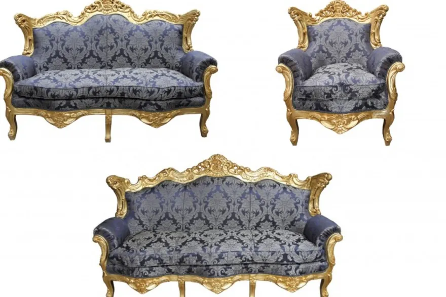 Casa Padrino Barock Wohnzimmer Set Royal Blau Muster / Gold - 3er Sofa, 2er Sofa, 1 Sessel - Hochwertige Luxusmöbel