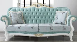 Casa Padrino Barock Wohnzimmer Sofa mit Glitzersteinen und Blumenmuster Hellgrün / Hellblau / Weiß / Gold 215 x 80 x H. 120 cm - Barock Möbel