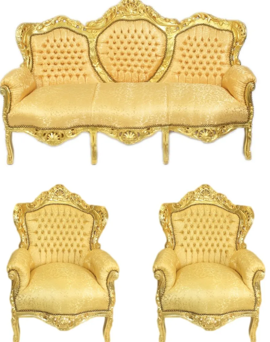 Casa Padrino Barock Wohnzimmer Set Gold Muster / Gold - 3er Sofa + 2 Sessel