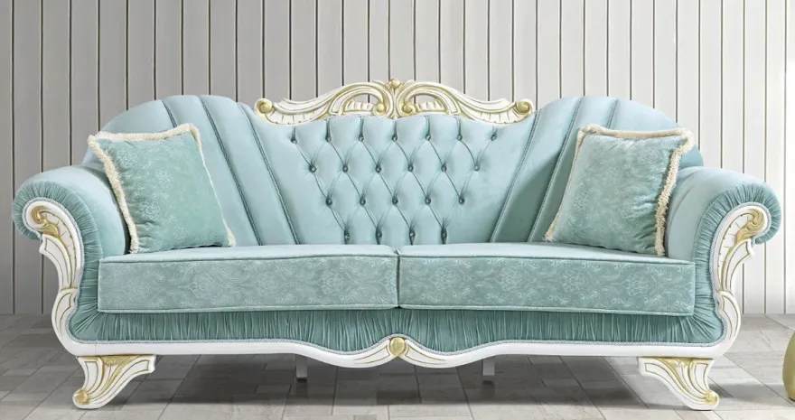 Casa Padrino Barock Wohnzimmer Sofa mit Glitzersteinen Hellgrün / Weiß / Gold 235 x 87 x H. 102 cm - Edle Wohnzimmer Möbel im Barockstil