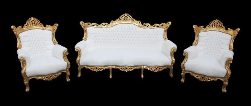 Casa Padrino Barock Wohnzimmer Set Master Weiss/Gold - 3-er Sofa & 2 Sessel - 210x90x135 cm