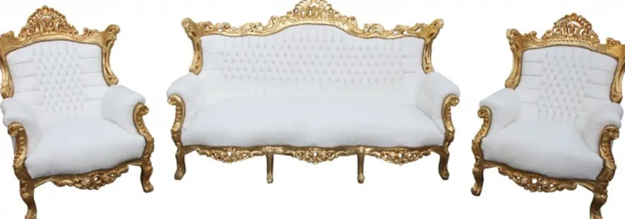 Casa Padrino Barock Wohnzimmer Set Master Weiss/Gold - 3-er Sofa & 2 Sessel - 210x90x135 cm
