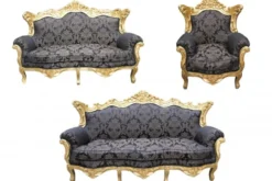 Casa Padrino Barock Wohnzimmer Set in Schwarz mit Muster und Gold, 3er Sofa, 2er Sofa und 1 Sessel