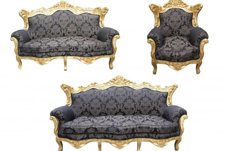 Casa Padrino Barock Wohnzimmer Set in Schwarz mit Muster und Gold, 3er Sofa, 2er Sofa und 1 Sessel