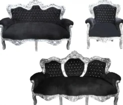Casa Padrino Barock Wohnzimmer Set King Schwarz / Silber - 3-er Sofa, 2-er Sofa und 1 Sessel