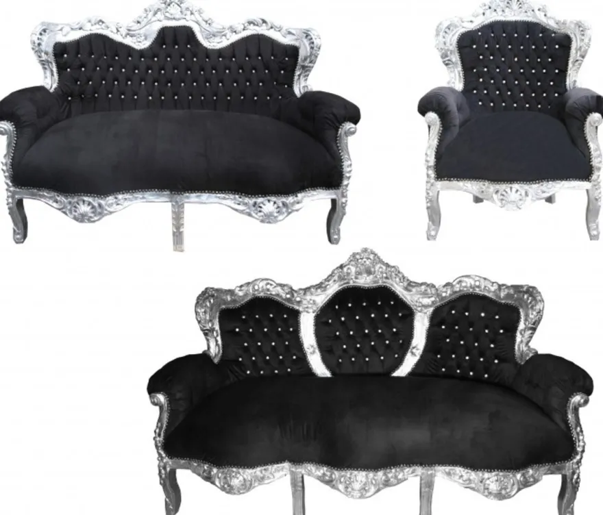 Casa Padrino Barock Wohnzimmer Set King Schwarz / Silber - 3-er Sofa, 2-er Sofa und 1 Sessel