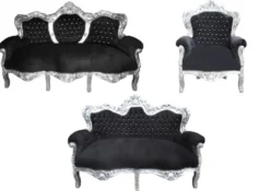 Casa Padrino Barock Wohnzimmer Set King Schwarz / Silber - 3-er Sofa, 2-er Sofa und 1 Sessel