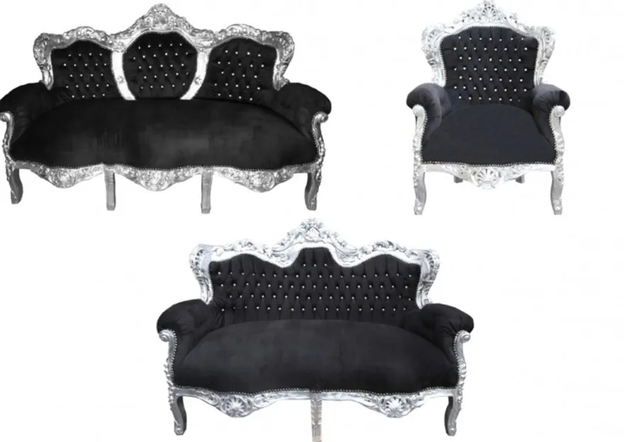 Casa Padrino Barock Wohnzimmer Set King Schwarz / Silber - 3-er Sofa, 2-er Sofa und 1 Sessel
