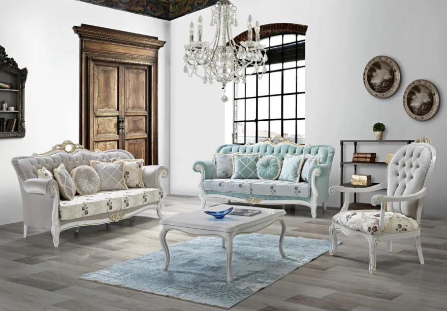 Casa Padrino Barock Wohnzimmer Sofa mit Glitzersteinen und Blumenmuster Hellgrau / Creme / Beige / Weiß / Gold 215 x 80 x H. 120 cm - Barock Möbel