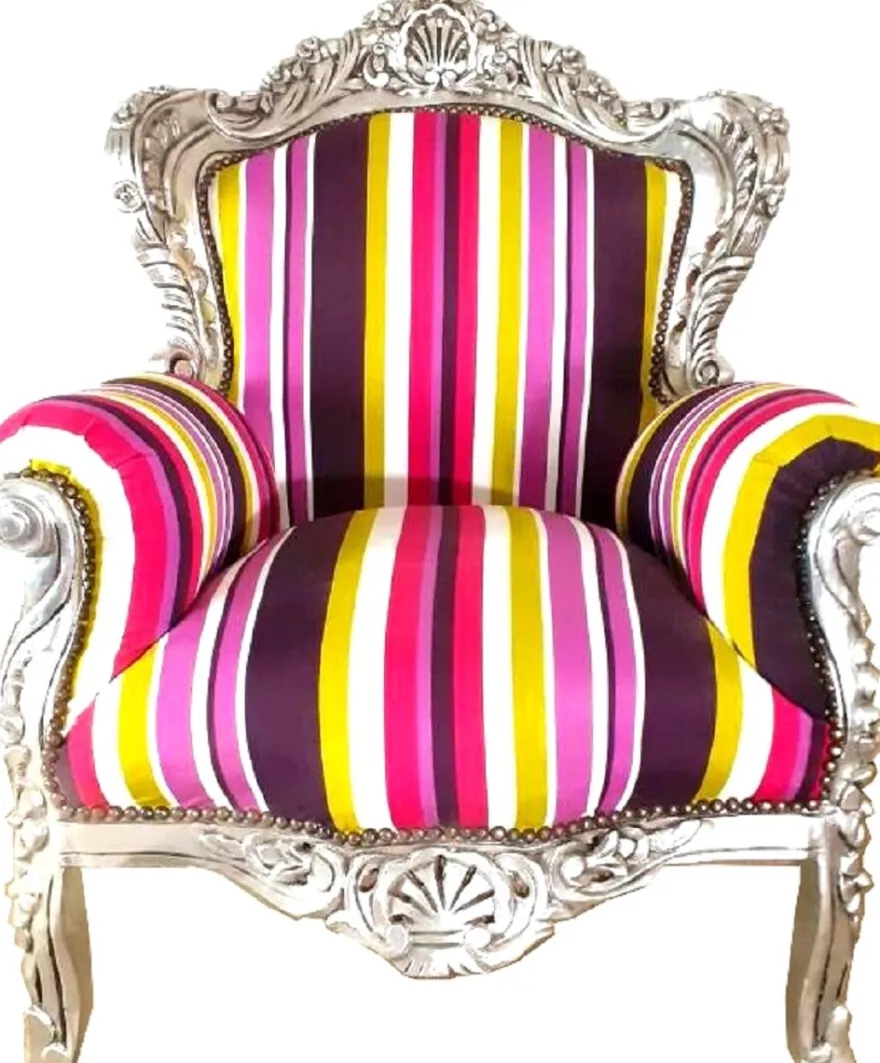 Casa Padrino Barock Wohnzimmer Sessel King Mehrfarbig Gestreift / Silber 85 x 45 x H. 120 cm - Thron Sessel - Barock Möbel