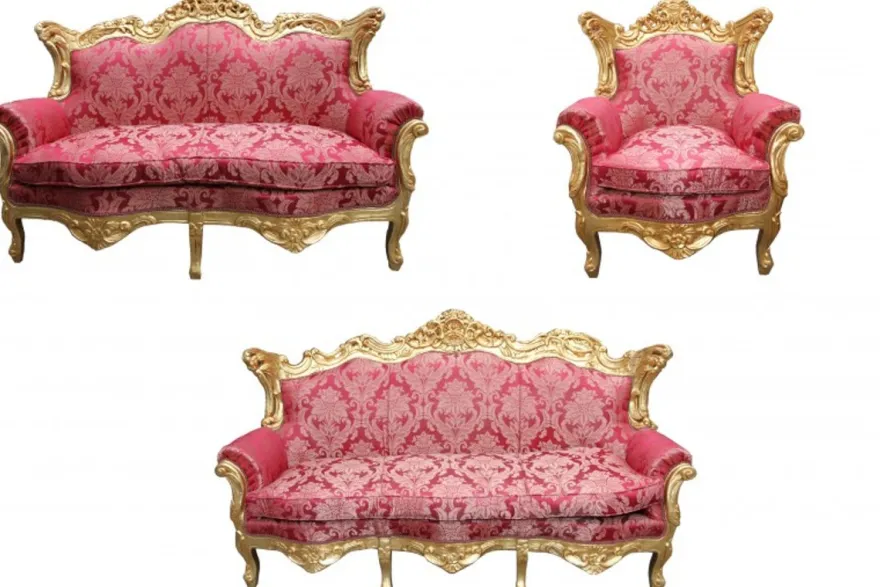 Casa Padrino Barock Wohnzimmer Set Bordeaux Muster/Gold - 3er Sofa, 2er Sofa und Sessel - Masse: 210/182/85 cm
