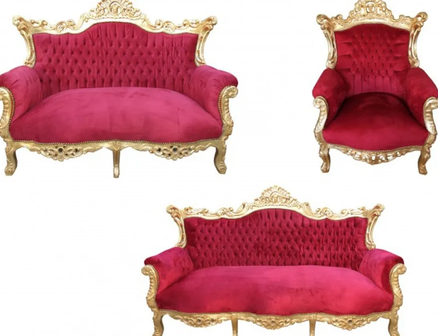 Casa Padrino Barock Wohnzimmer Set Master in Bordeaux Rot und Gold, 3er Sofa, 2er Sofa und Sessel