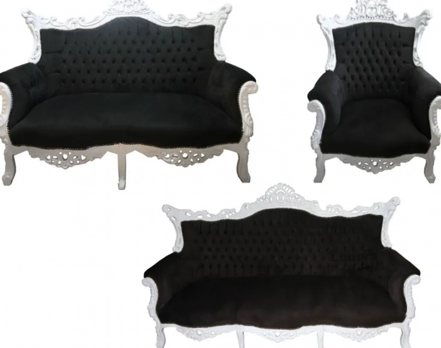 Casa Padrino Barock Wohnzimmer Set Master im Antik Stil Schwarz/Weiss - 3er Sofa, 2er Sofa, 1 Sessel