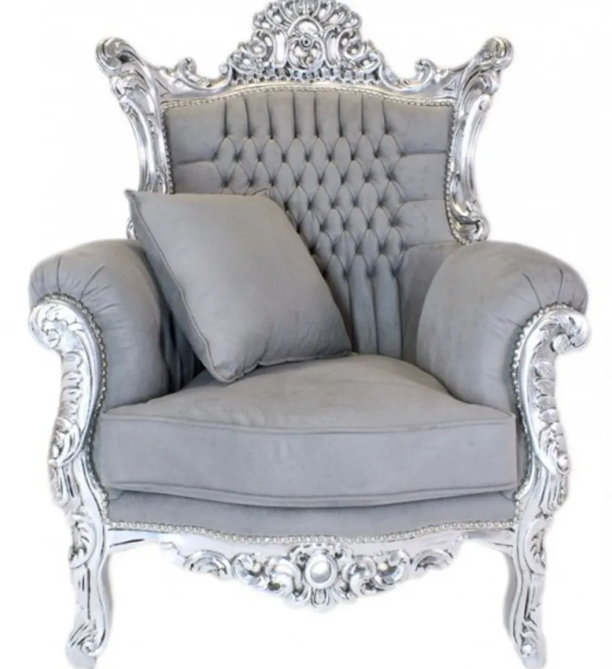 Casa Padrino Barock Wohnzimmer Set Master im Antik Stil Grau / Silber - 2er Sofa (158 cm) + 2 Sessel (85 cm)