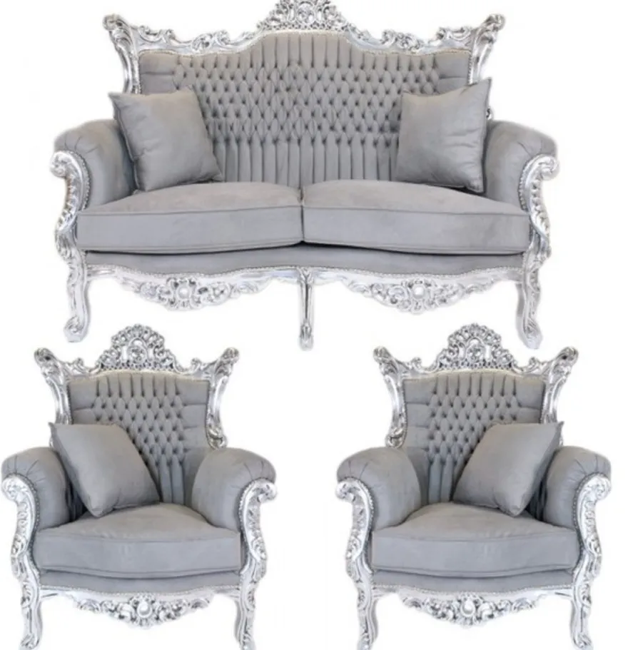 Casa Padrino Barock Wohnzimmer Set Master im Antik Stil Grau / Silber - 2er Sofa (158 cm) + 2 Sessel (85 cm)