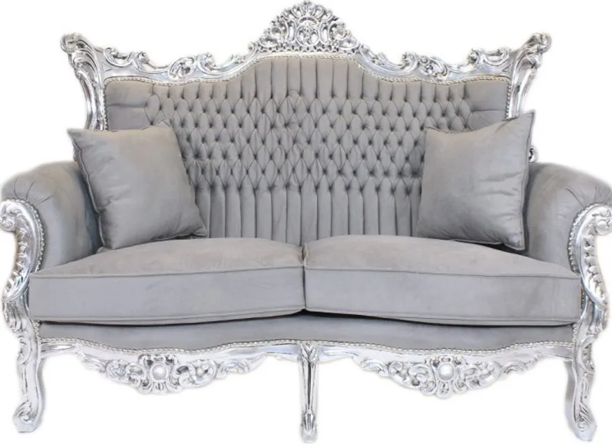 Casa Padrino Barock Wohnzimmer Set Master im Antik Stil Grau / Silber - 2er Sofa (158 cm) + 2 Sessel (85 cm)