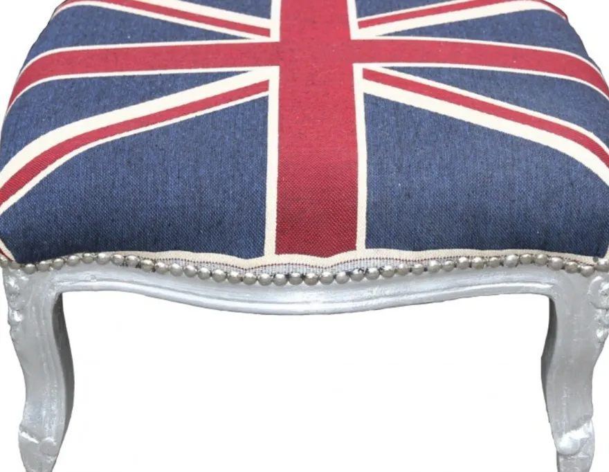 Casa Padrino Barock XXL Fußhocker Mod3 Union Jack / Silber - Hocker Englische Flagge - Antik Stil England