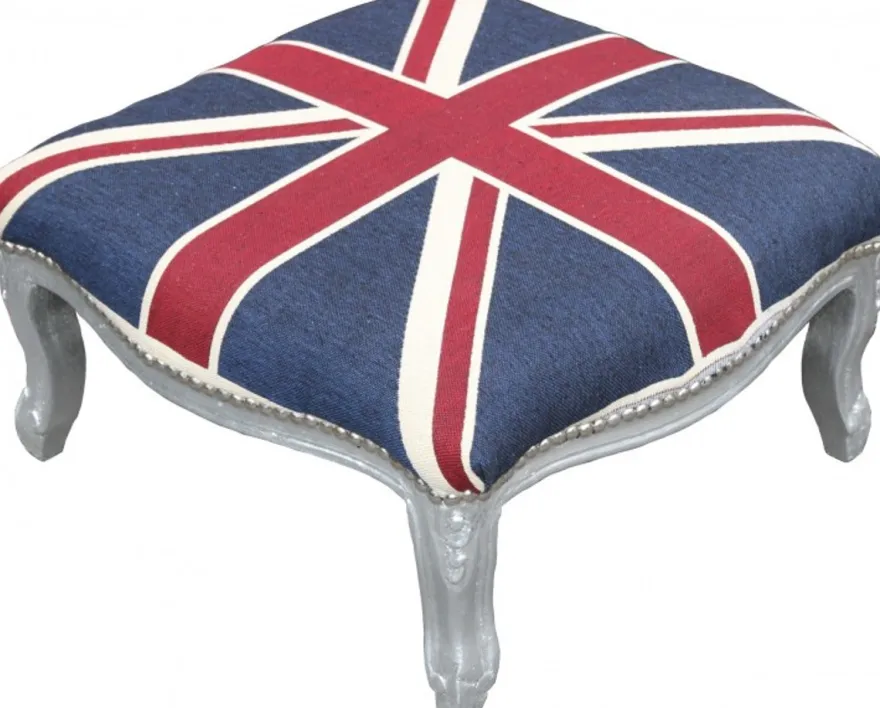 Casa Padrino Barock XXL Fußhocker Mod3 Union Jack / Silber - Hocker Englische Flagge - Antik Stil England