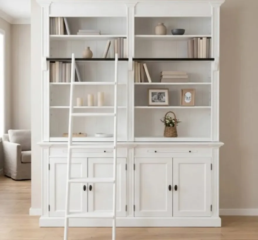 Casa Padrino Bücherregal im Landhausstil mit 4 Türen und Leiter, 200 x 40 x 240 cm