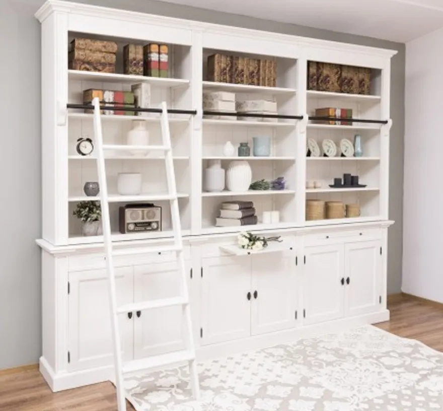 Casa Padrino Bücherregal im Landhausstil mit 6 Türen und Leiter, 300 x 42 x 240 cm