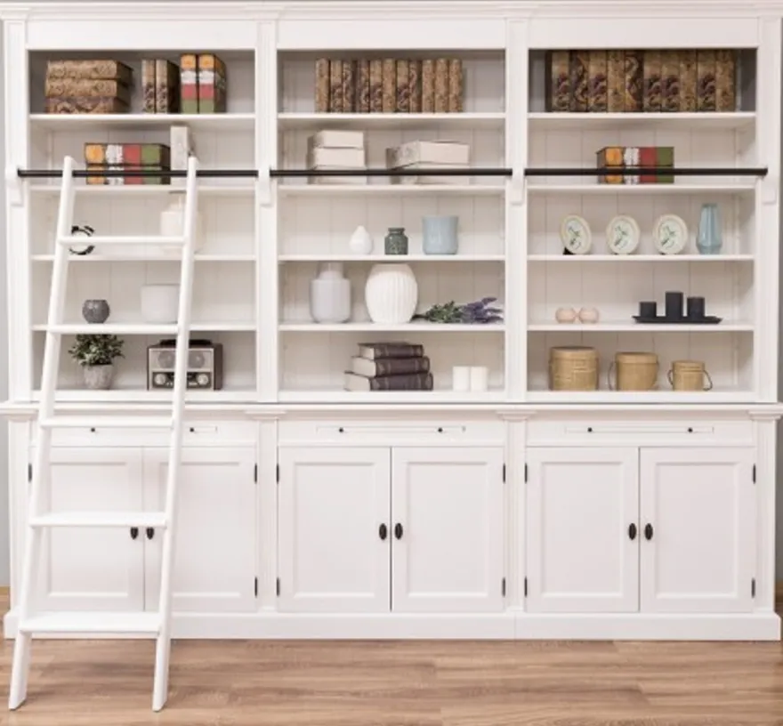 Casa Padrino Bücherregal im Landhausstil mit 6 Türen und Leiter, 300 x 42 x 240 cm