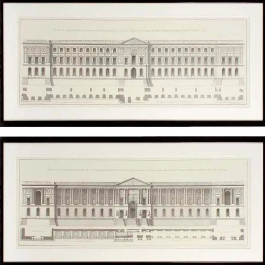 Casa Padrino Bilder / Kunstdruck Set Fassade vom Louvre Mehrfarbig 109 x H. 52 cm - Luxus Wohnzimmer Dekoration