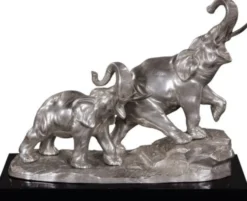 Casa Padrino Bronze Elefanten auf Holzsockel Silber / Schwarz 42 x 17 x H. 33 cm - Luxus Deko Bronzefiguren