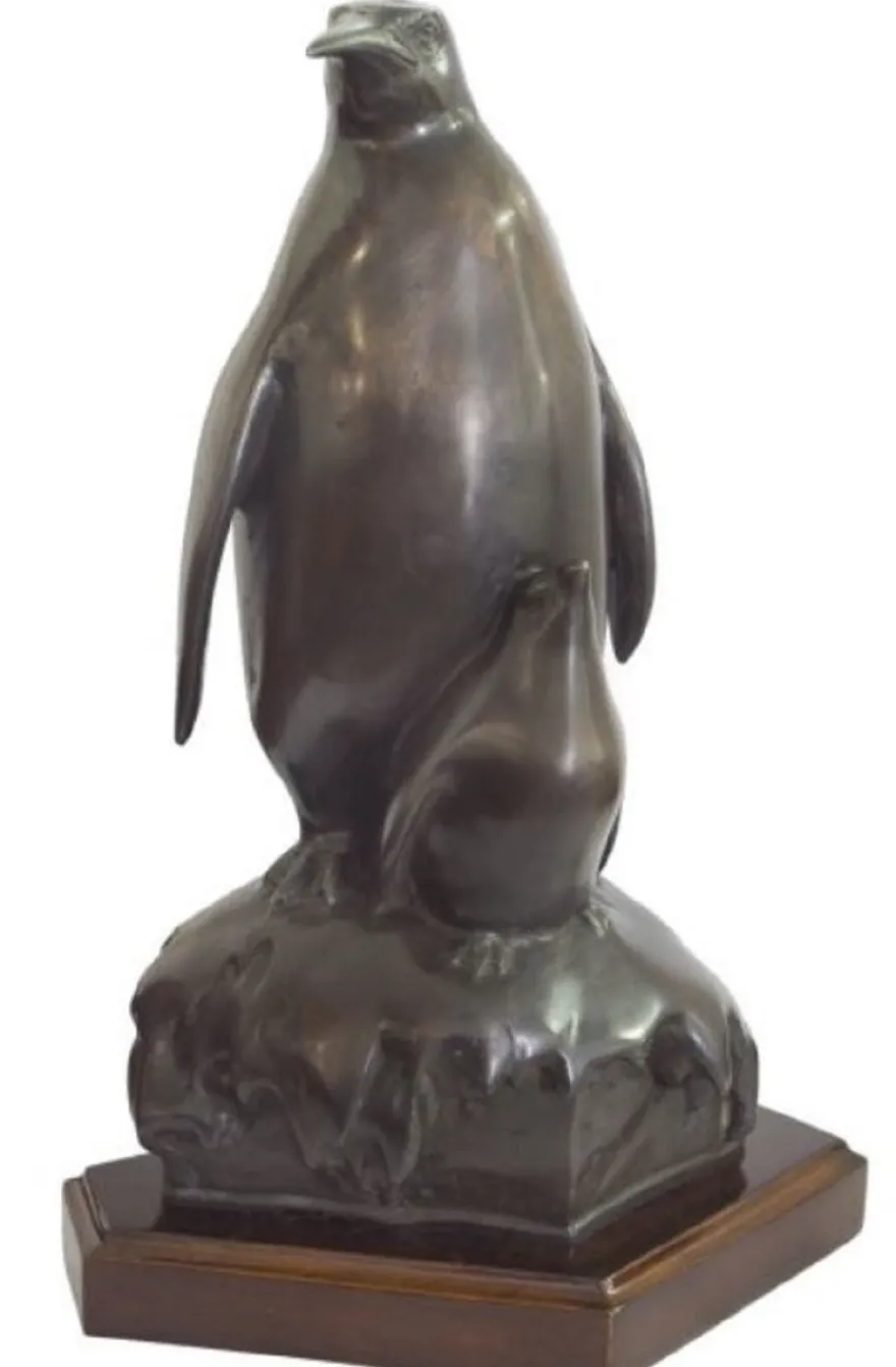 Casa Padrino Bronzefigur Pinguin Mutter mit Kind Bronze / Braun 22 x 15 x H. 33 cm - Luxus Skulptur