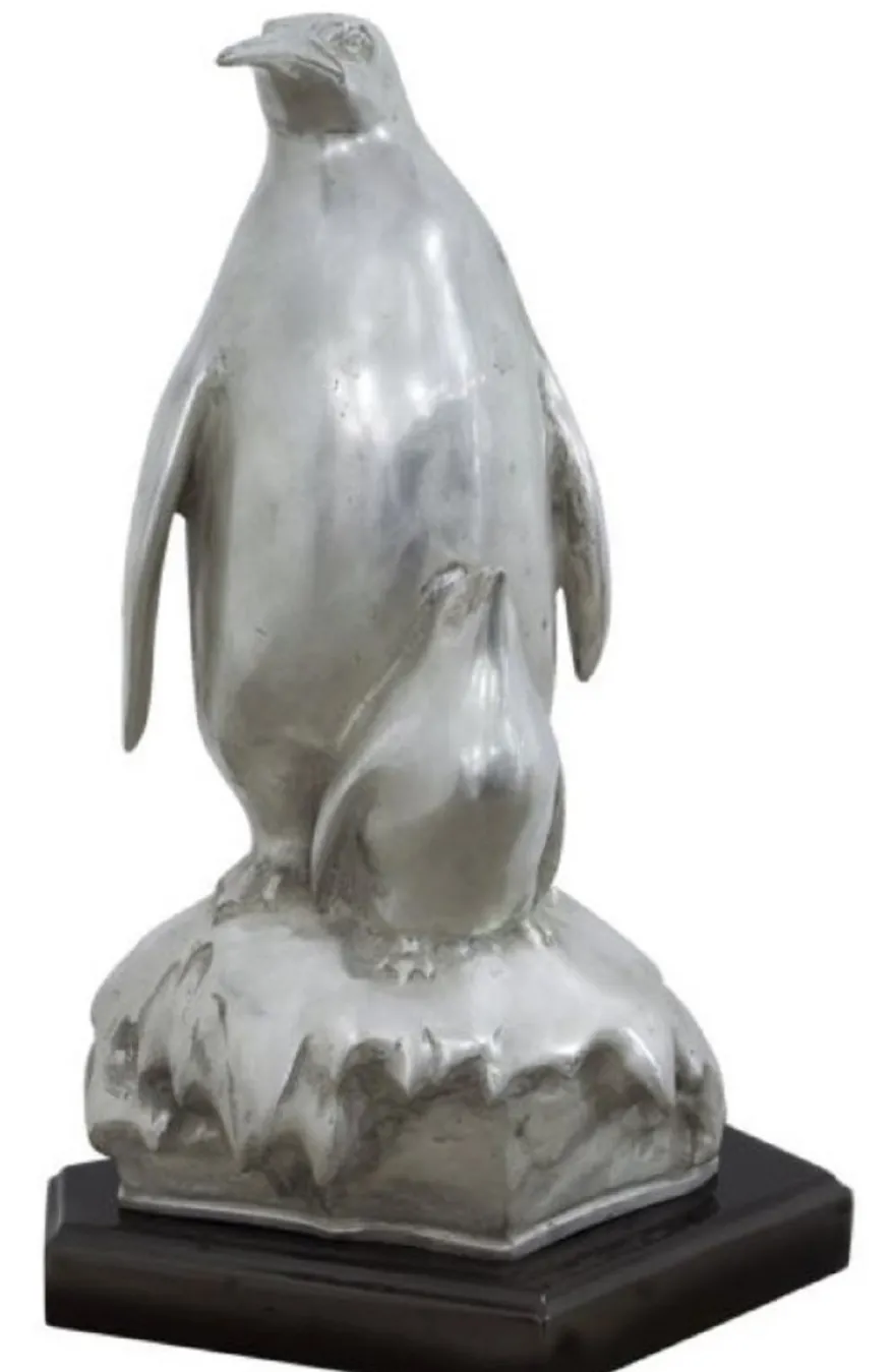 Casa Padrino Bronzefigur Pinguin Mutter mit Kind Silber / Schwarz 22 x 15 x H. 33 cm - Luxus Skulptur