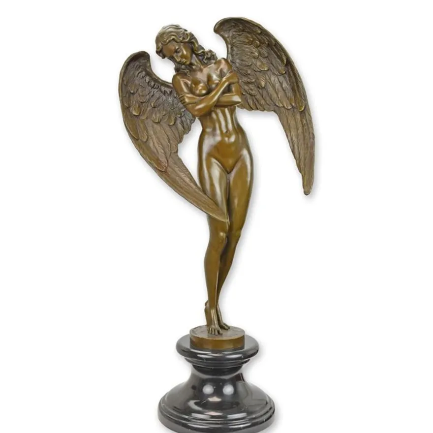 Casa Padrino Bronze Skulptur Geflügelte Frau Bronzefarben / Schwarz 20 x 32,7 x H. 63,9 cm - Bronzefigur mit Marmorsockel - Luxus Deko