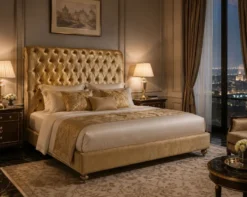Casa Padrino Chesterfield Bett-Kopfteil Gold 200 x H. 140 cm - Chesterfield Hotel & Schlafzimmer Möbel