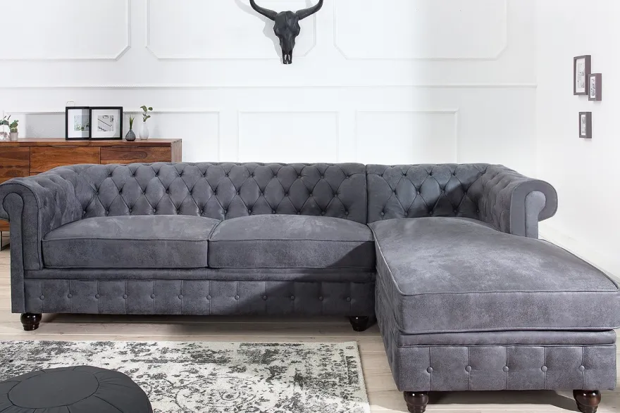 Casa Padrino Chesterfield Ecksofa in Antikgrau - Wohnzimmer Möbel - Couch