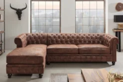 Casa Padrino Chesterfield Ecksofa Links Antik Braun - Microfaser Wohnzimmer Sofa - Chesterfield Wohnzimmer Möbel