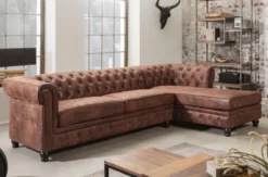 Casa Padrino Chesterfield Ecksofa Rechts Antik Braun - Microfaser Wohnzimmer Sofa - Chesterfield Wohnzimmer Möbel